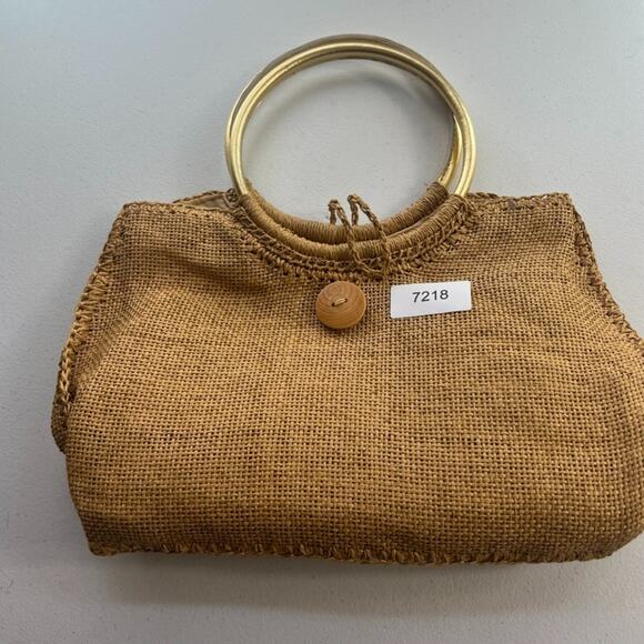 Boho Handmade Paper Bag Vintage 70s Tote Bag Beach Picnic Wood Button Closure - Picture 11 of 12